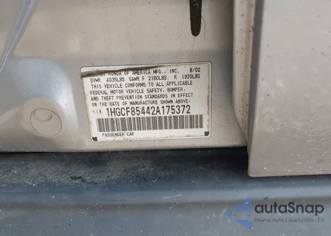 2002 Honda Accord 2.3 Dx from USA, damaged, VIN 1HGCF85442A175372